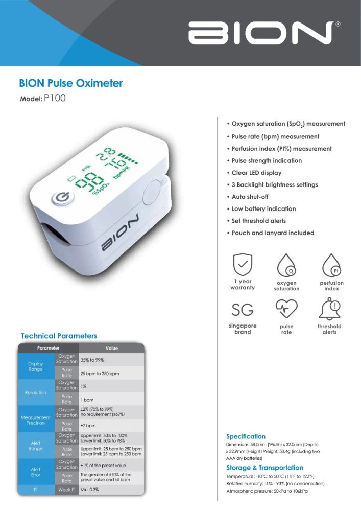 BION Finger Pulse Oximeter, P100