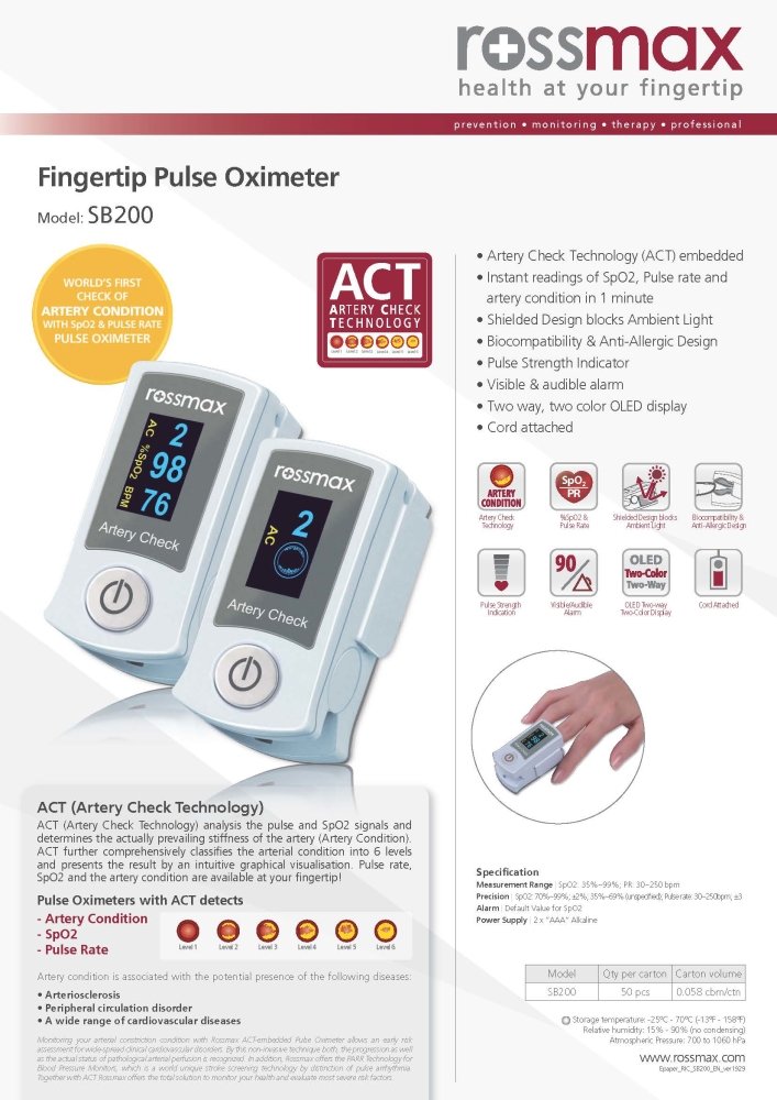 ROSSMAX 3-in-1 Artery Check / SpO2 / Heart Rate Monitor SB200
